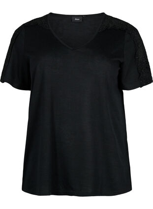 Short-sleeved blouse with lace and v-neck, Black, Packshot image number 0