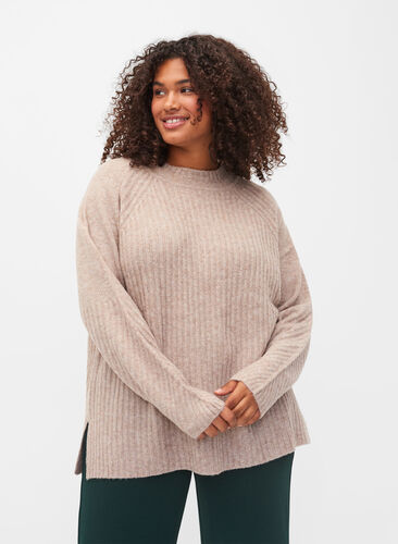 High-neck knitted jumper with rib details, Simply Taupe Mel., Model image number 0
