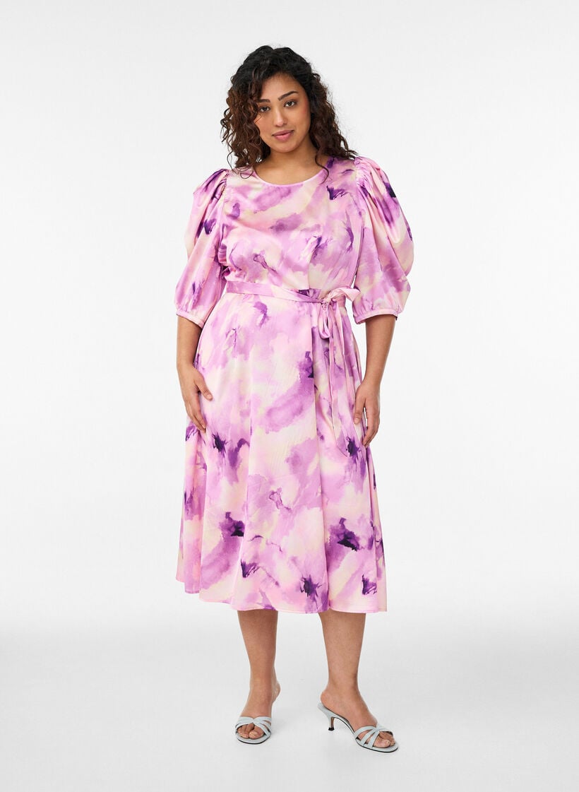 Short-sleeved party dress with tie-belt, Purple, Model image number 0