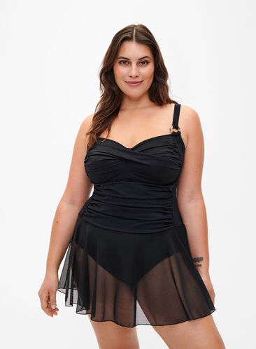 Swim dress with draping and skirt, Black, Model image number 0