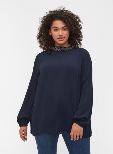 Long-sleeved, beaded viscose blouse, Night Sky, Model image number 0