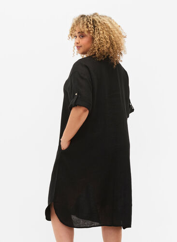 Short-sleeved dress in 100% linen, Black, Model image number 1
