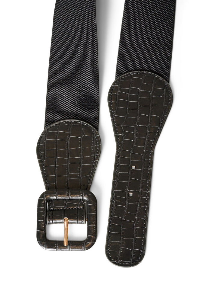 Elastic waist belt with croc detail, Black, Packshot image number 1