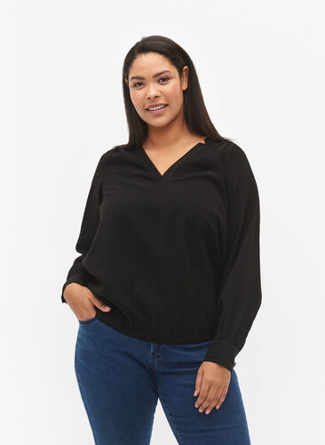 Viscose blouse with v-neck, Black, Model image number 0