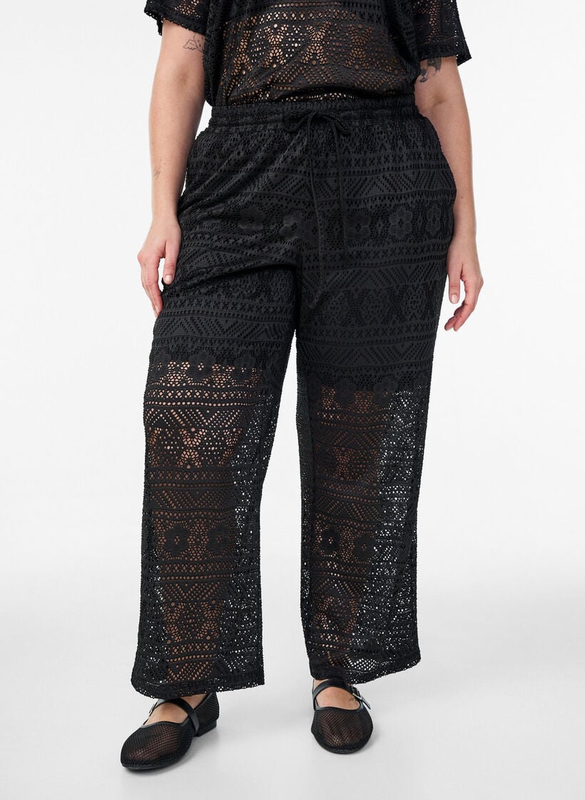 Eyelet lace trousers with straight legs, Black, Model image number 2