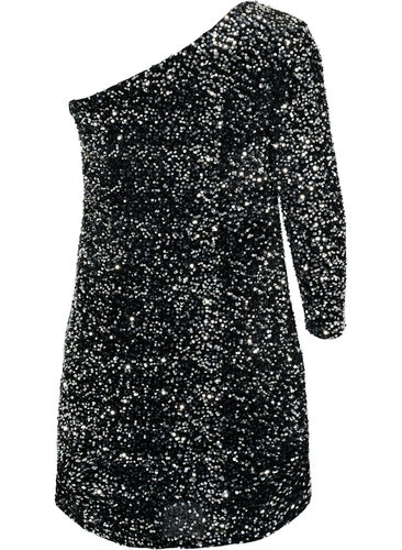 Short one-shoulder dress with sequins, Black/Silver Sequins, Packshot image number 1