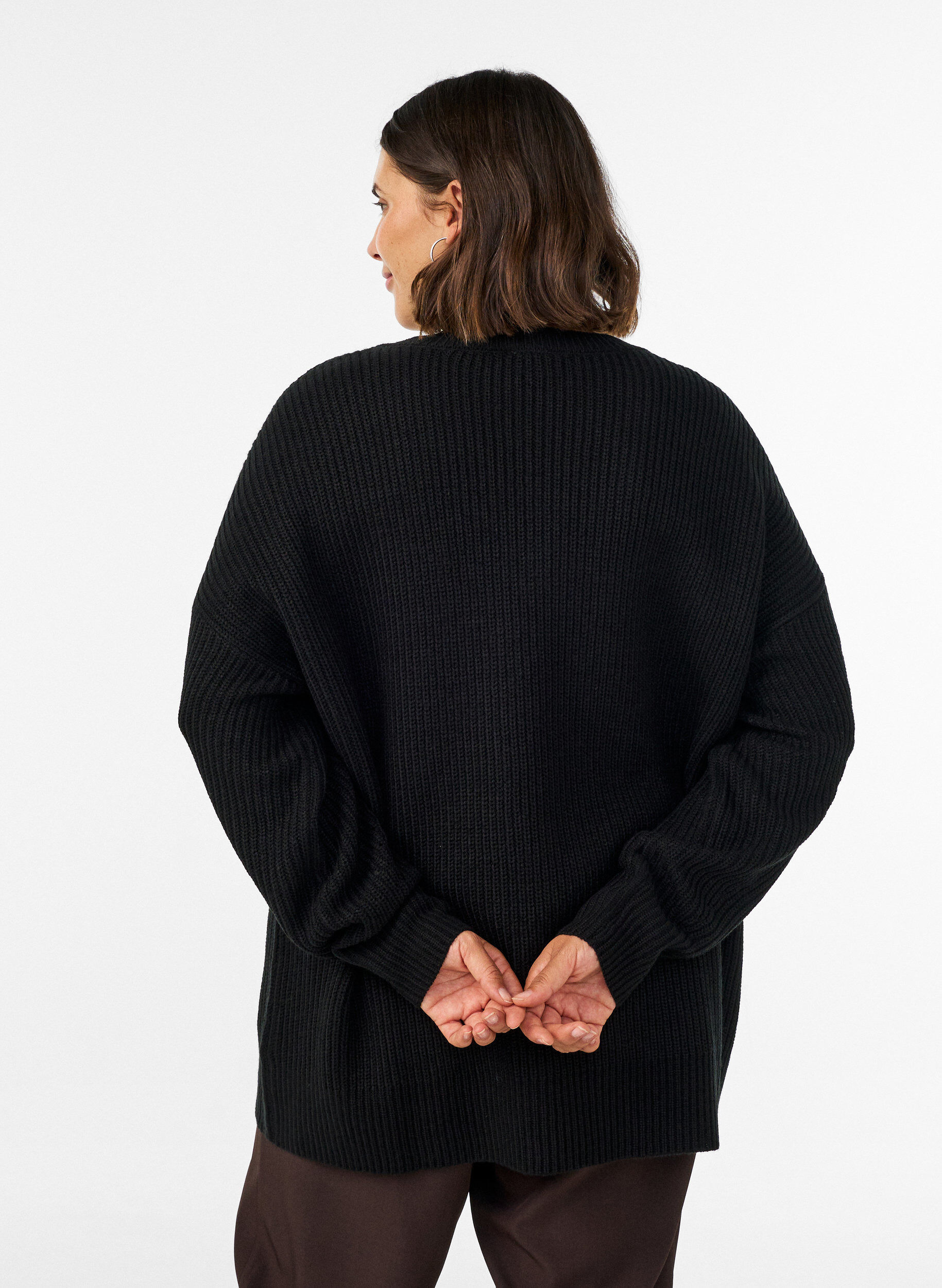 ZizzifashionLong rib-knit blouse with a V-neck, Black, Model image number 2