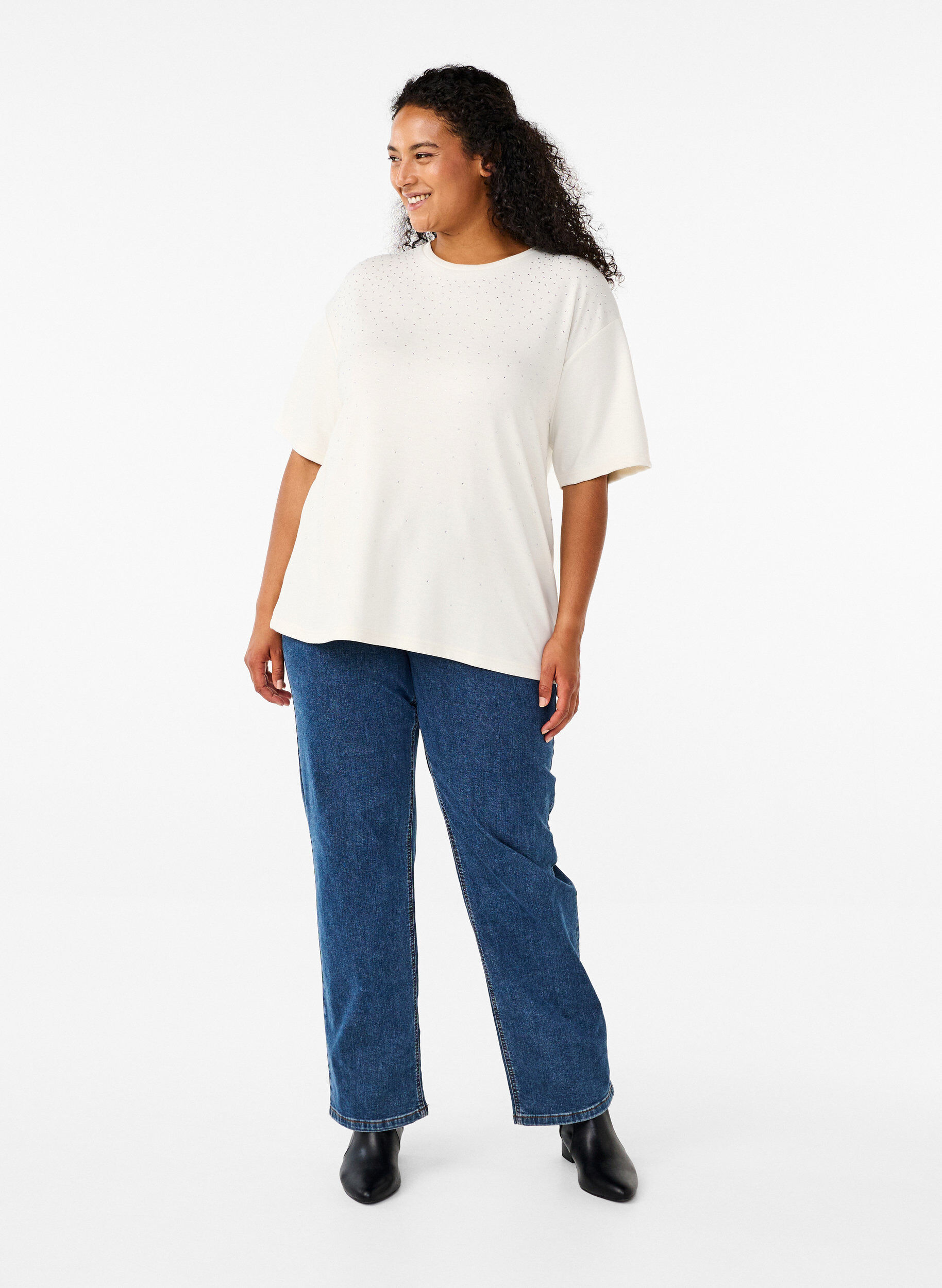 Zizzifashion T-shirt with rhinestones and round neck, White, Model image number 1