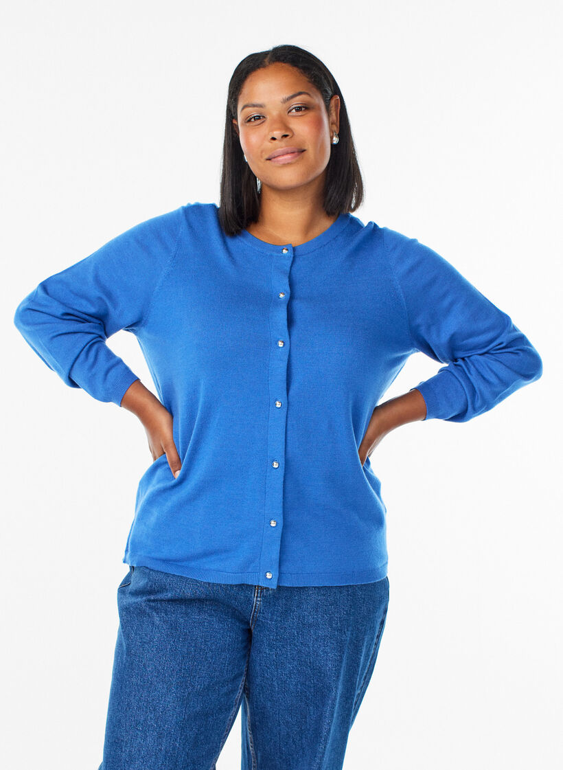 Cardigan with round buttons, Blue, Model image number 0