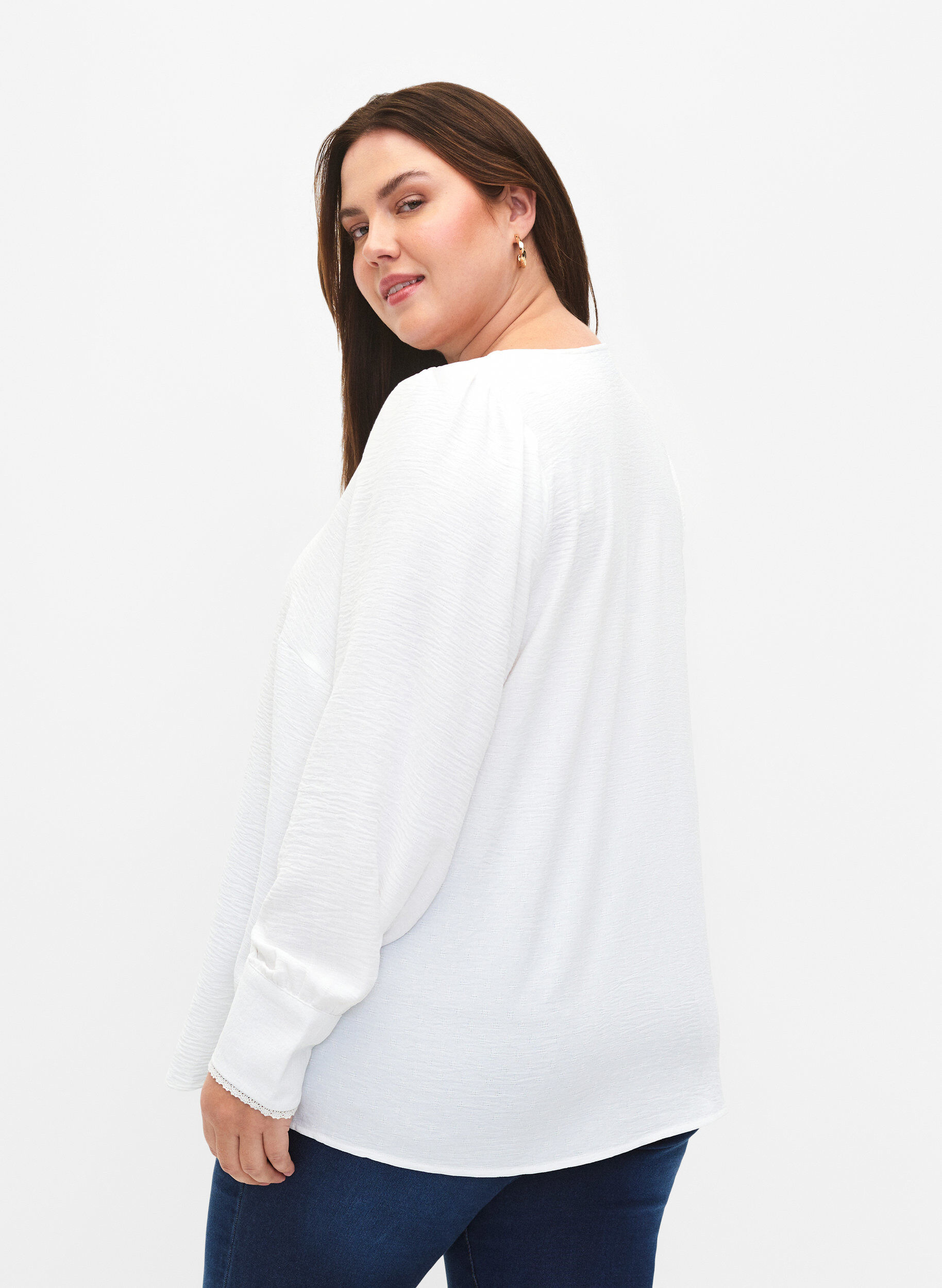 Zizzifashion Long-sleeved blouse with texture, Bright White, Model image number 1