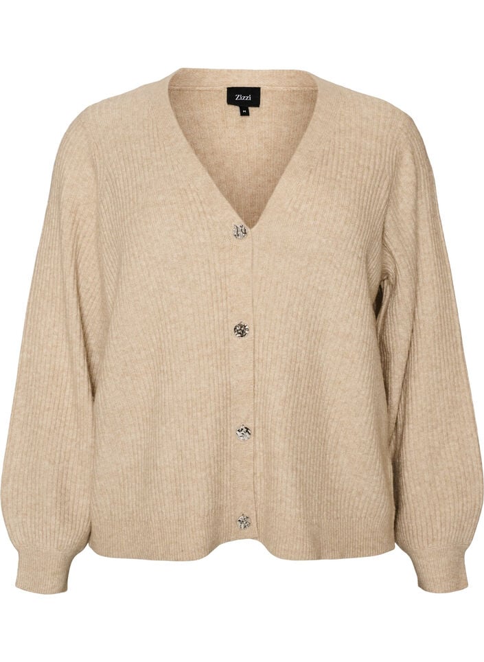 Cardigan with V-neck and ribbed texture, Beige, Packshot image number 0