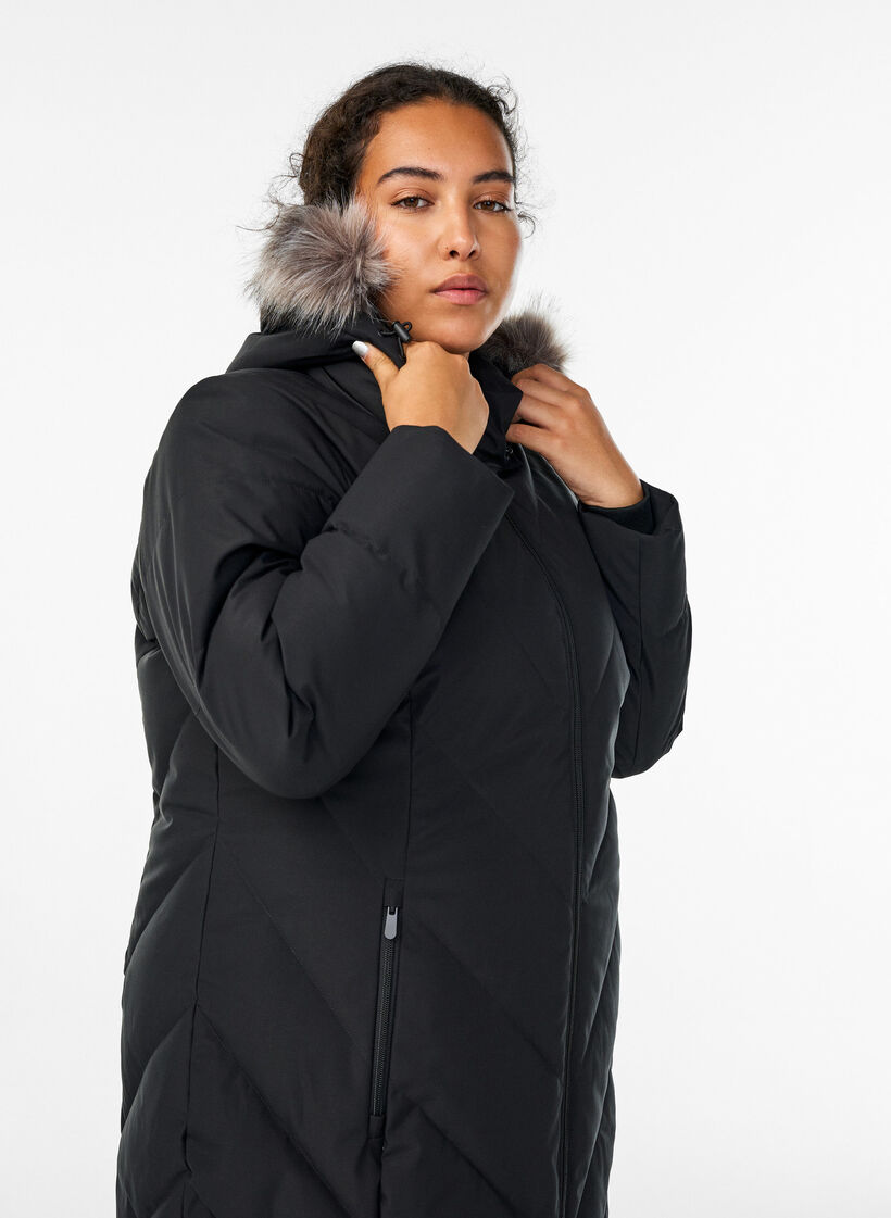 Long winter coat with hook fastenings and a faux fur collar, Black, Model image number 3