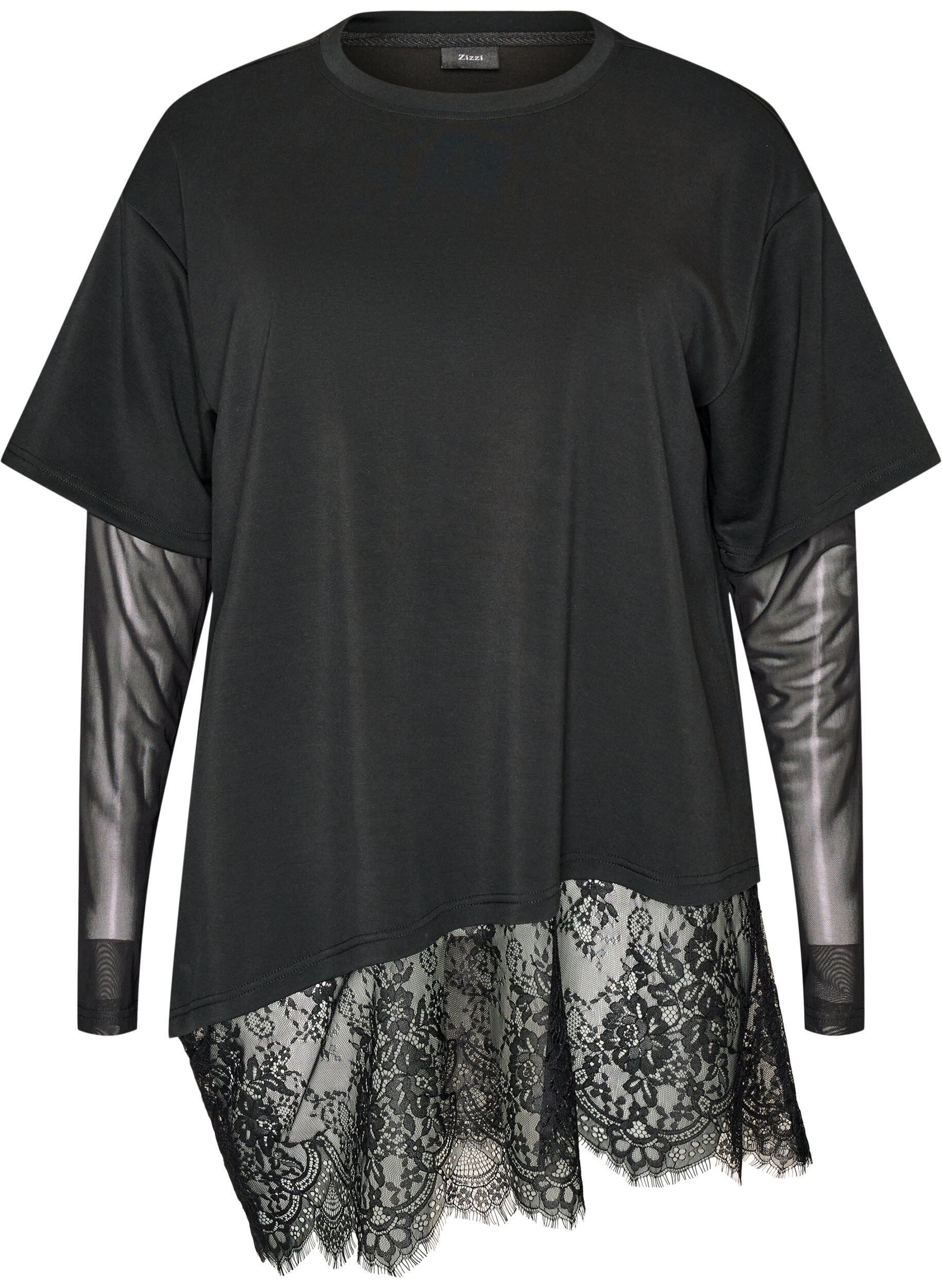Blouse with mesh sleeves and lace trim