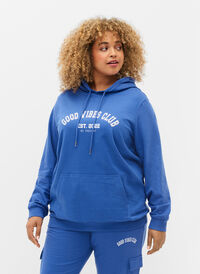 Sweatshirt with text print and hood, Dazzling Blue, Model
