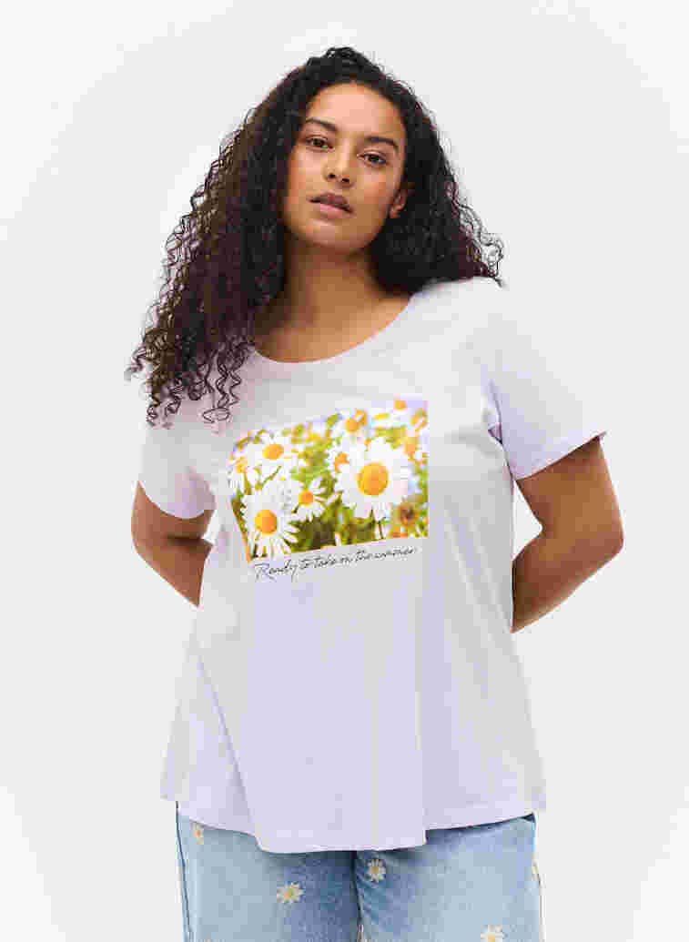 Cotton t-shirt with a-line cut and print, Thistle Fl. Picture, Model image number 0