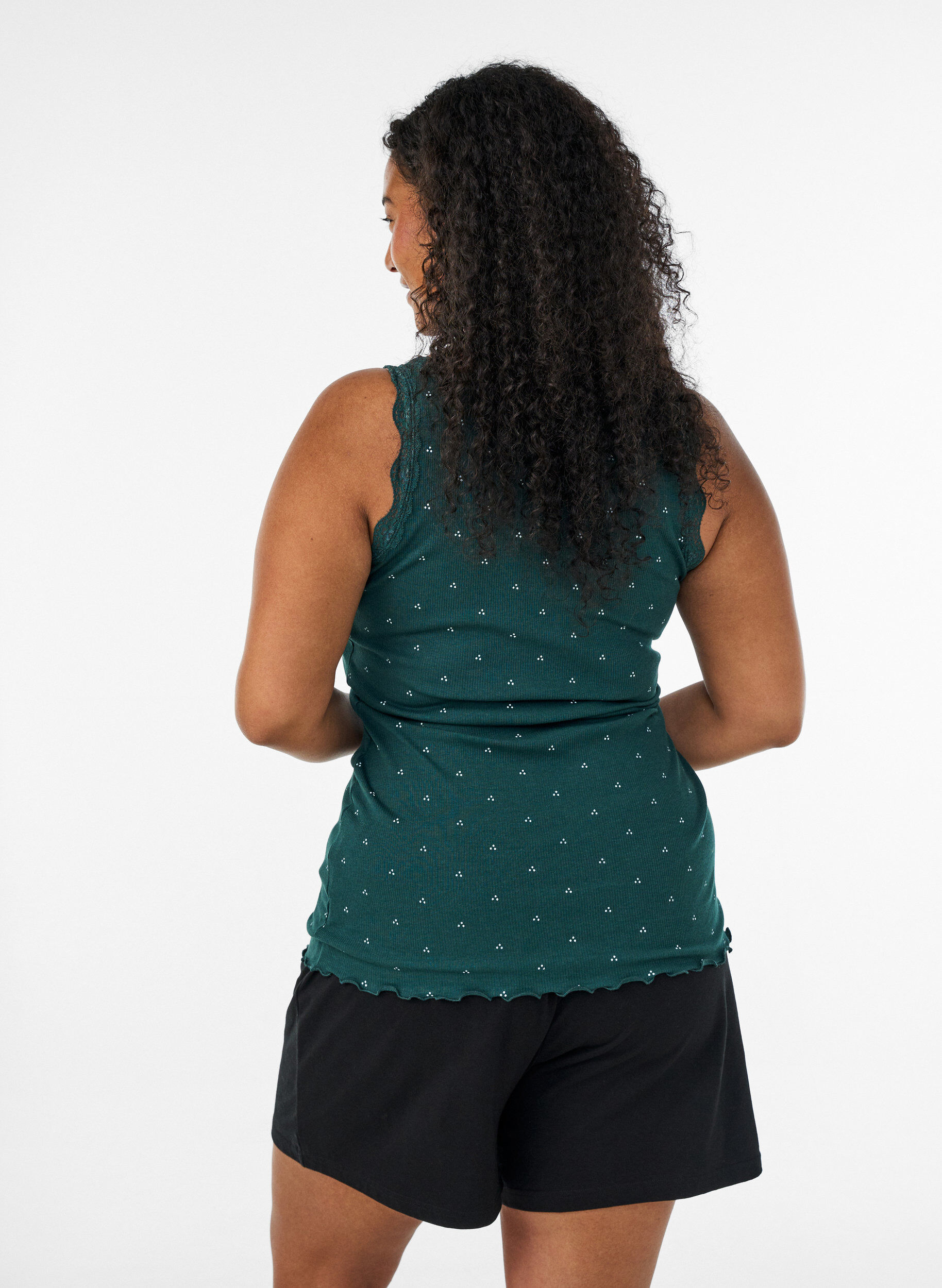 ZizzifashionTop with print and lace edge, Green, Model image number 2