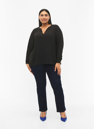 Long sleeve blouse with wrinkles on the back, Black, Model image number 2