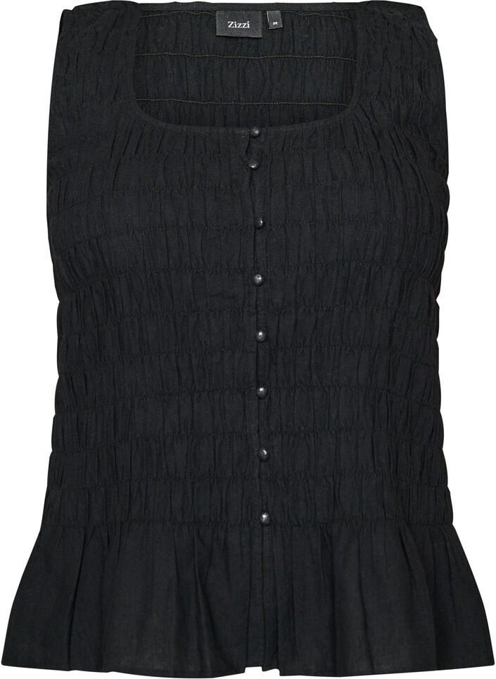 Sleeveless cotton and linen top with smock, Black, Packshot image number 0