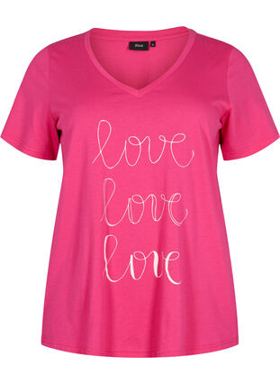 Cotton t-shirt with v-neck and print, Fuchsia Purple Love, Packshot image number 0