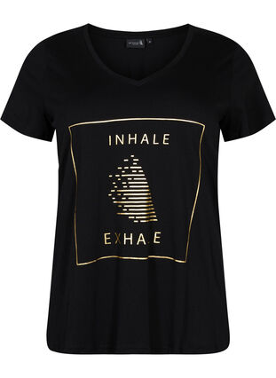 Cotton exercise t-shirt with print, Black w. inhale logo, Packshot image number 0