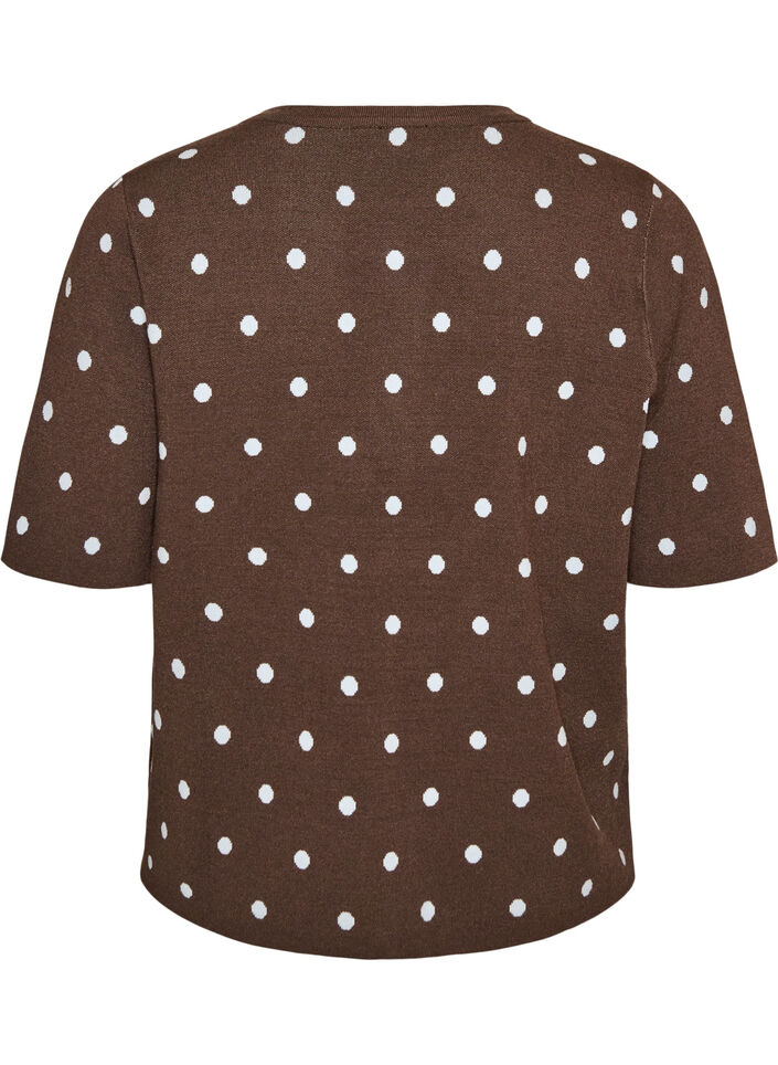 Short-sleeved knitted blouse with polka dots, Brown, Packshot image number 1