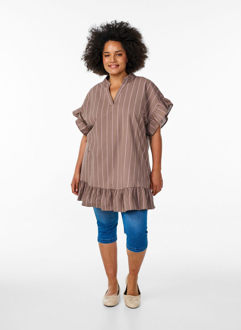 Tunic with V-neck and ruffle details, Brown, Model image number 1