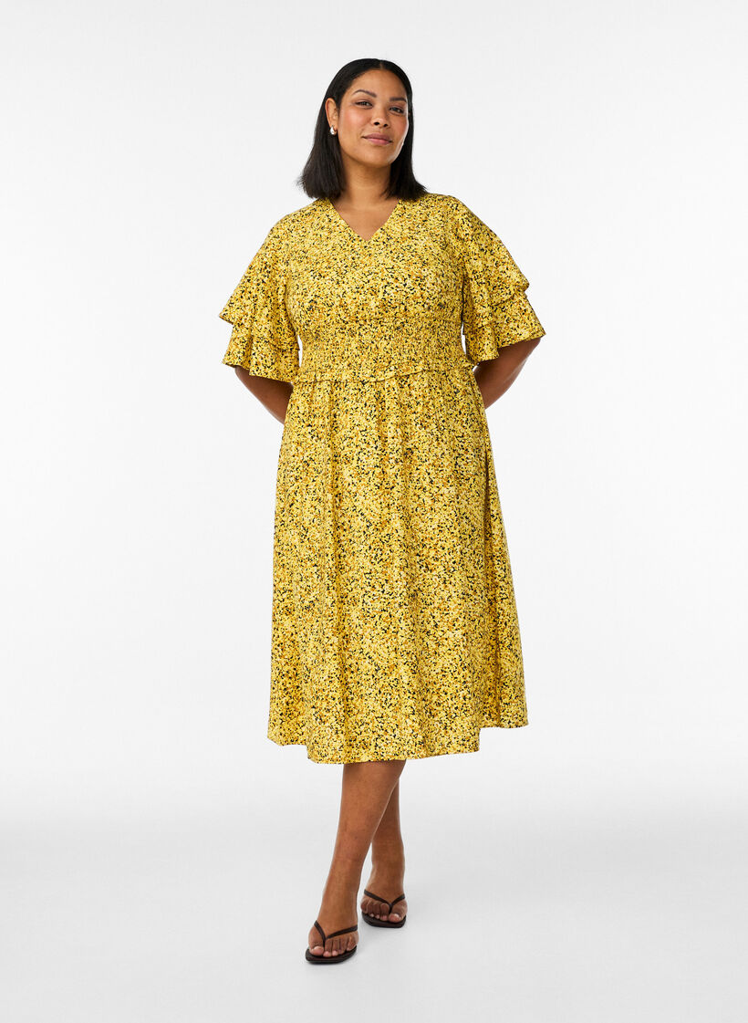 Midi dress with smock and ruffle sleeves, Yellow, Model image number 1