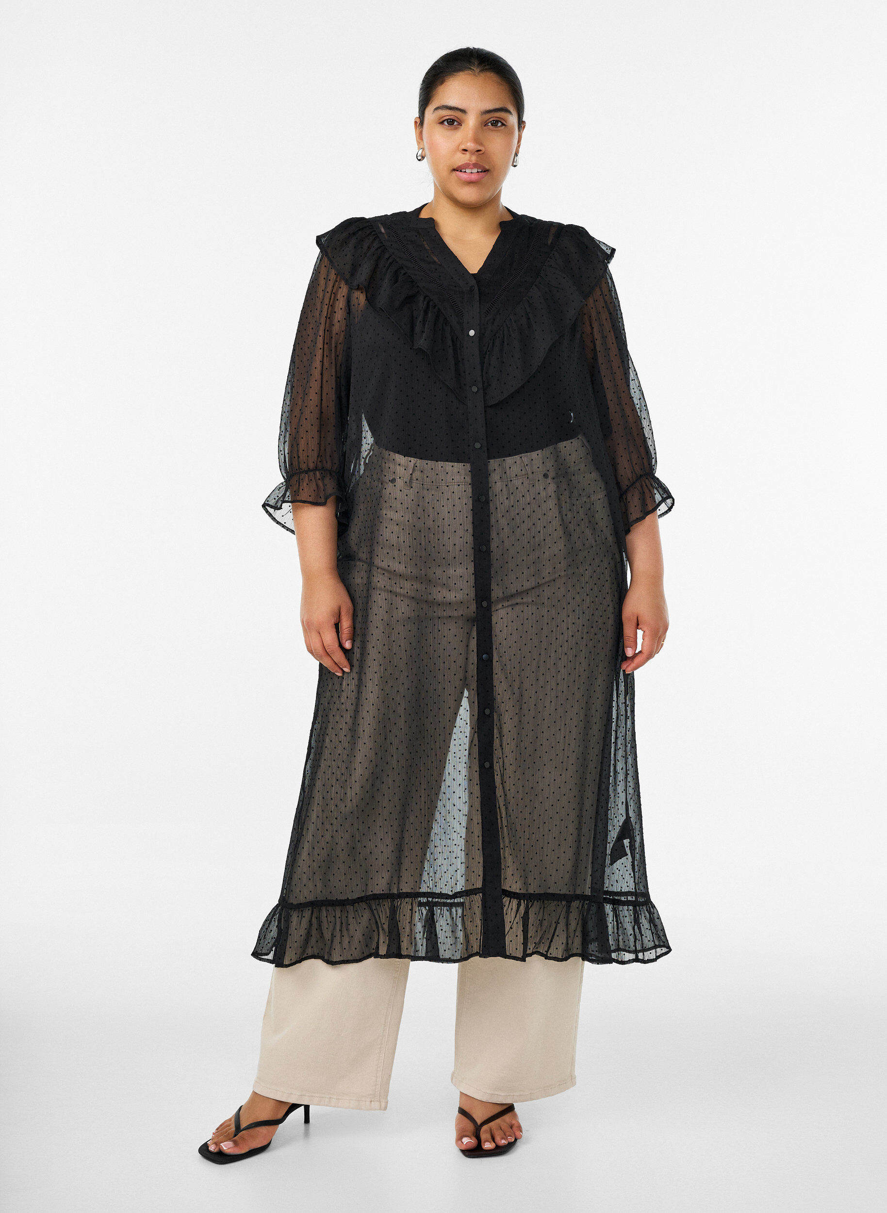 Midi dress in a lightweight, sheer fabric with dots and ruffles, Black, Model