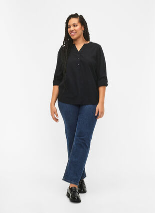 Shirt blouse in cotton with a v-neck, Black, Model image number 2