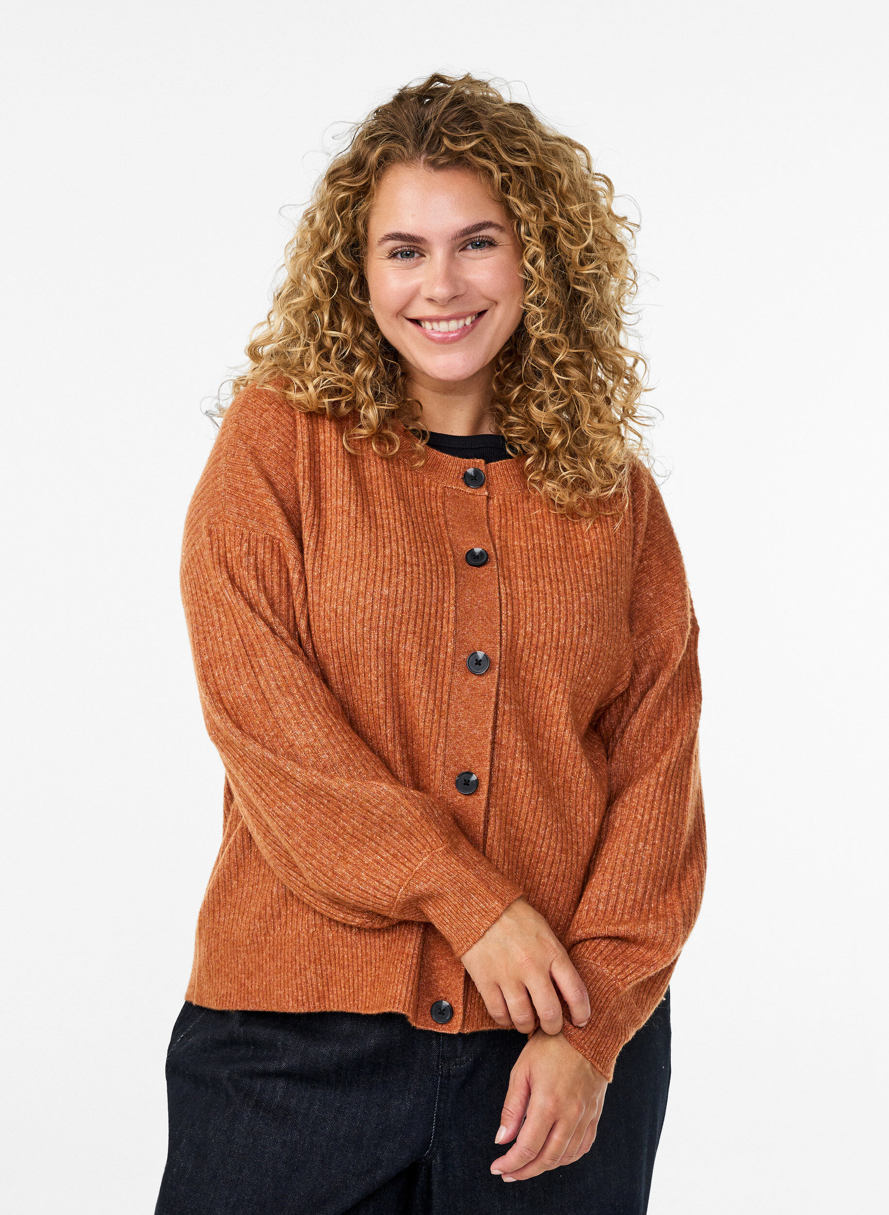 Zizzifashion Rib knit cardigan with buttons, Orange, Model image number 0