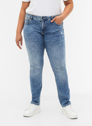 Emily jeans with regular waist and destroy, Blue denim, Model image number 2