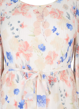 Printed pleated dress with waist tie, White/Blue Floral, Packshot image number 2