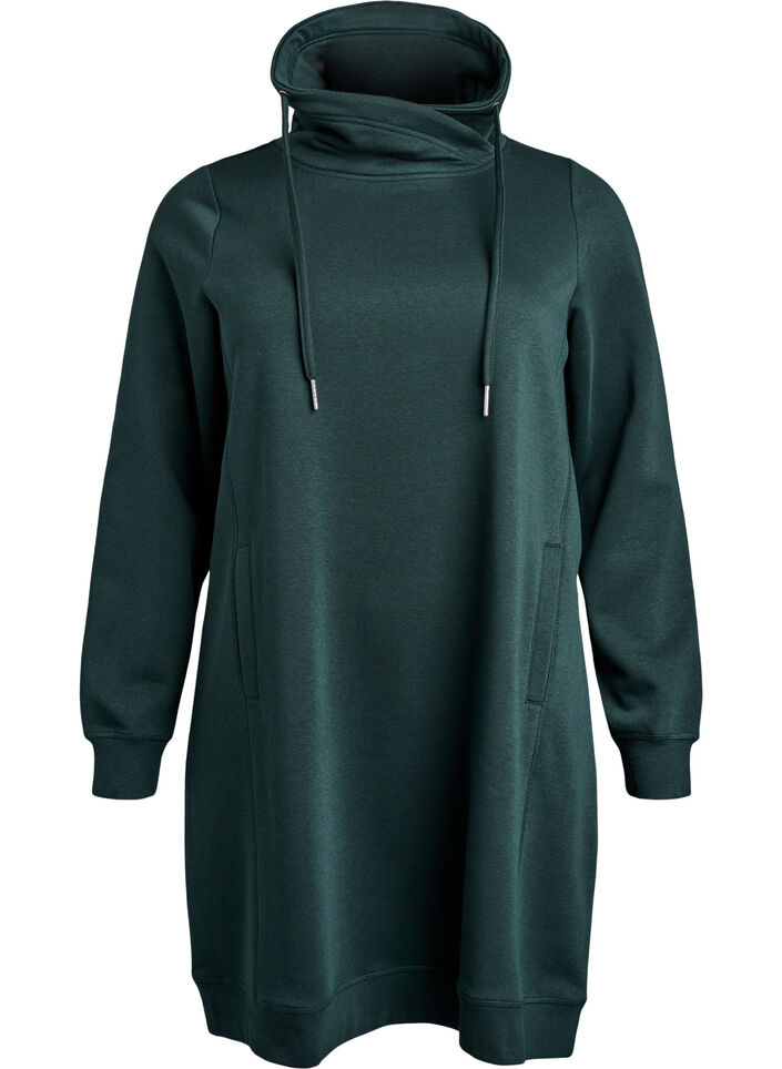 FLASH - Short sweatshirt dress with high collar and pockets, Green, Packshot image number 0