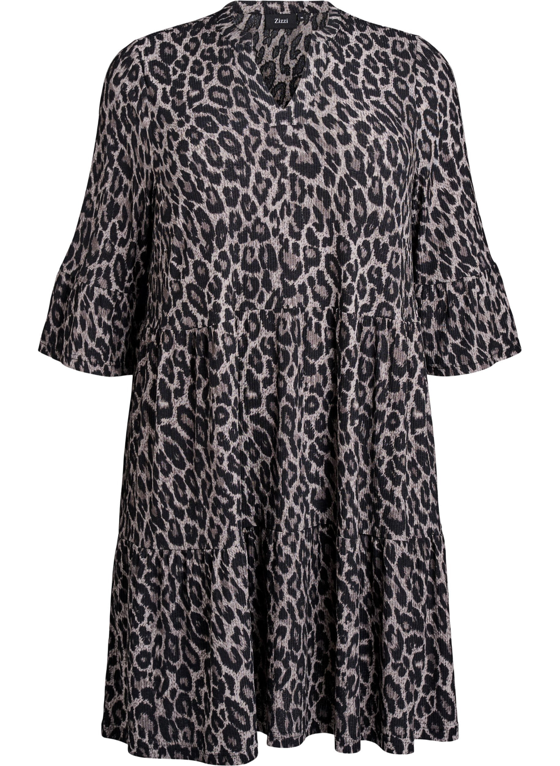 Zizzifashion Short A-line dress with leopard print, Dark Grey, Packshot image number 0