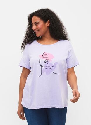 Cotton t-shirt with round neck and print, Lavender FACE, Model image number 0