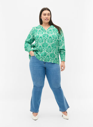 Printed viscose blouse with smock, Jolly Green Oriental, Model image number 2