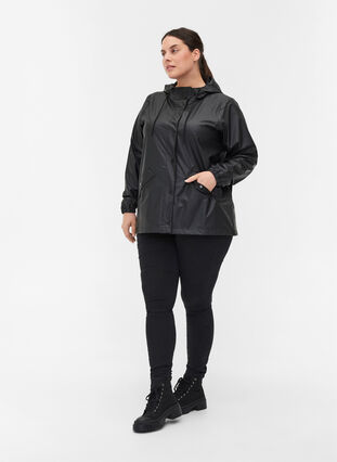 Short rain jacket with hood and button fastening, Black, Model image number 2