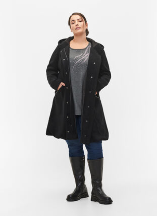 Jacket with wool and hood, Black Solid, Model image number 2