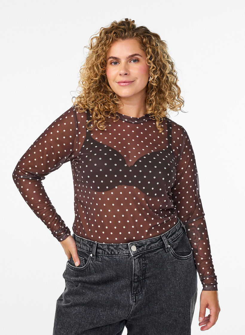 Mesh blouse with dots, Brown, Model image number 0