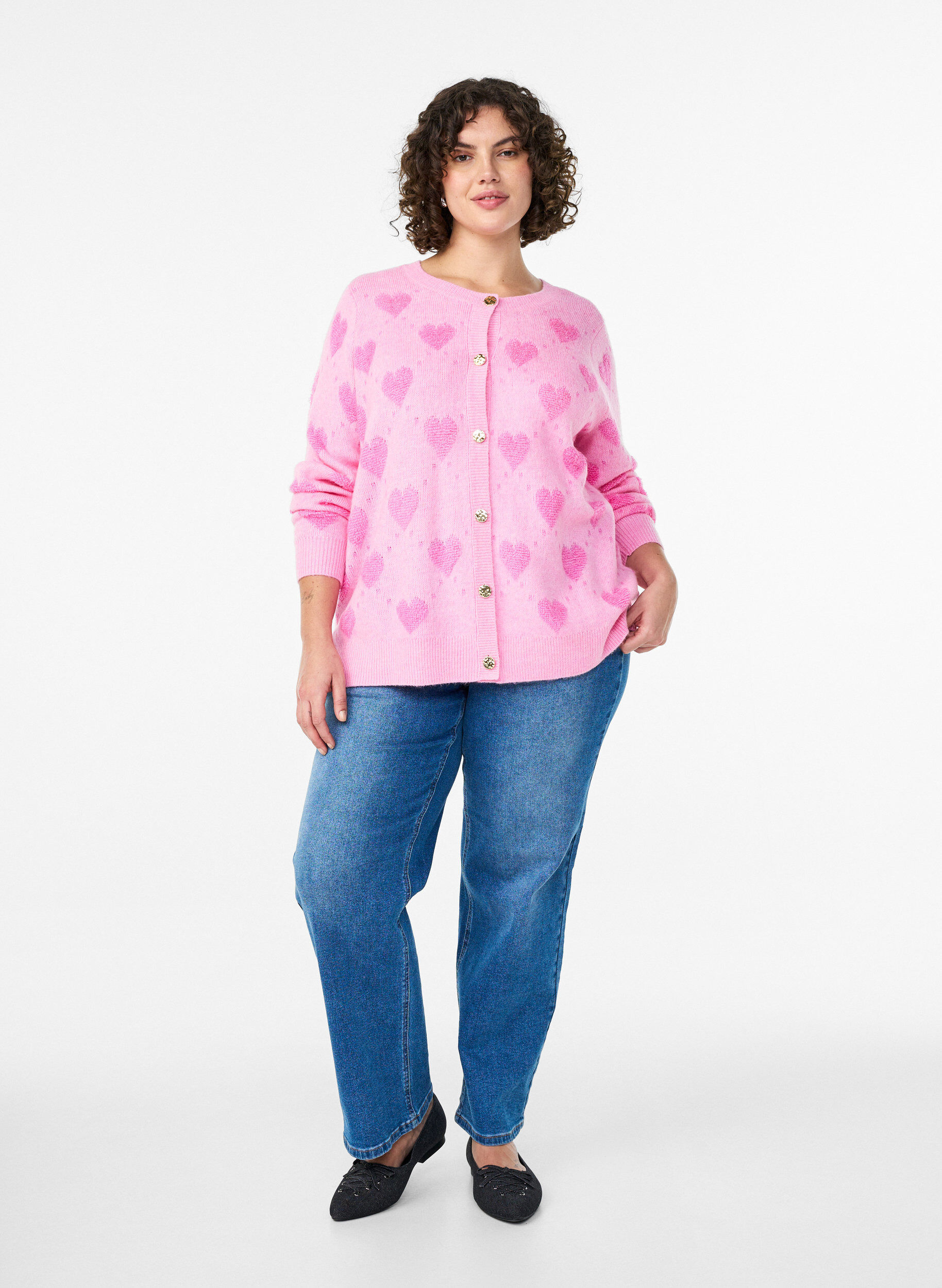 Zizzifashion Cardigan with hearts and golden buttons, Pink, Model image number 1