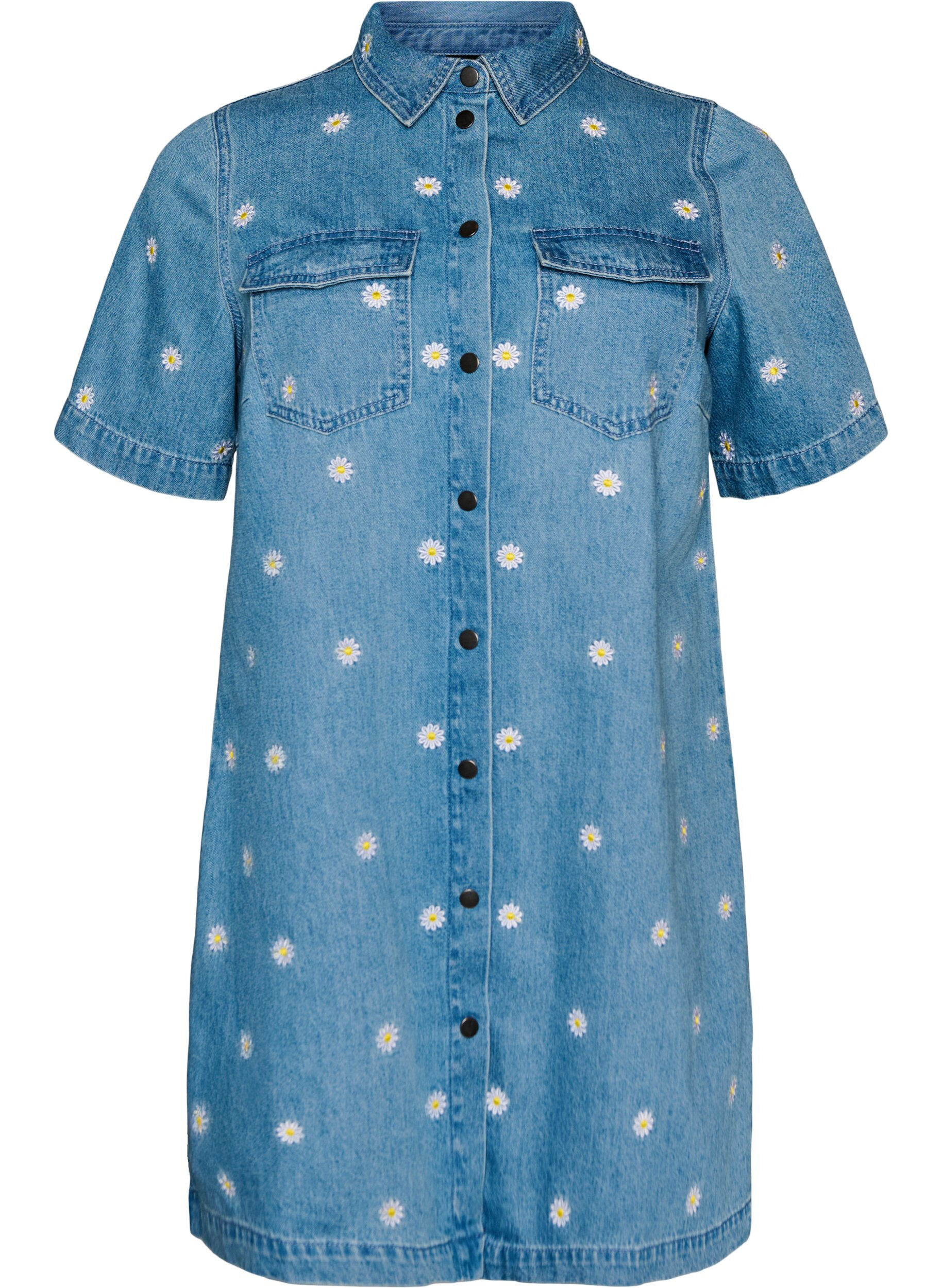 ZizzifashionShort denim dress with embroidered flowers, Light Blue, Packshot image number 0