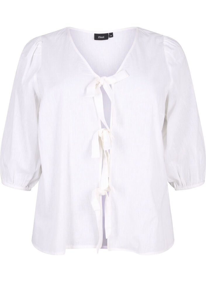 3/4 sleeve cotton blouse in a cotton blend with linen, Bright White, Packshot image number 0