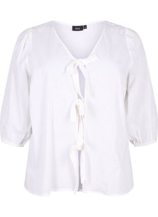 3/4 sleeve cotton blouse in a cotton blend with linen, Bright White, Packshot image number 0
