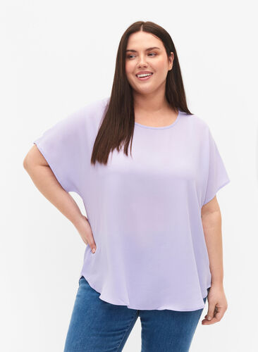 Blouse with short sleeves and a round neckline, Lavender, Model image number 0