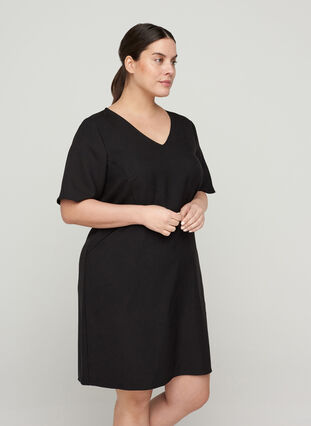 Plain-coloured sheath dress with a v-neck, Black, Model image number 0