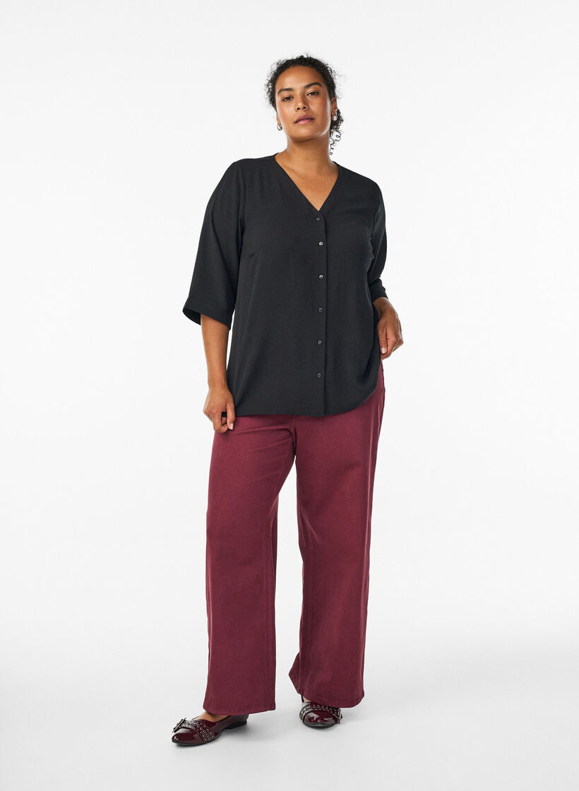 Shirt Blouse with V-Neck and 3/4 Sleeves, Black, Model image number 1