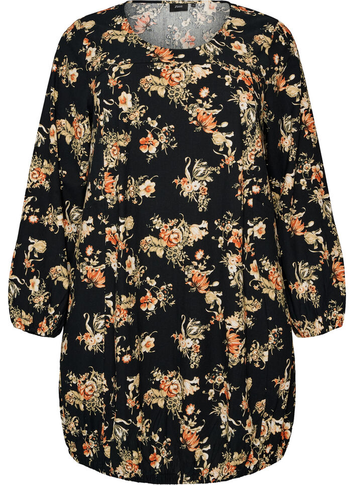 Short cotton dress with an elasticated hem and long sleeves, Black, Packshot image number 0