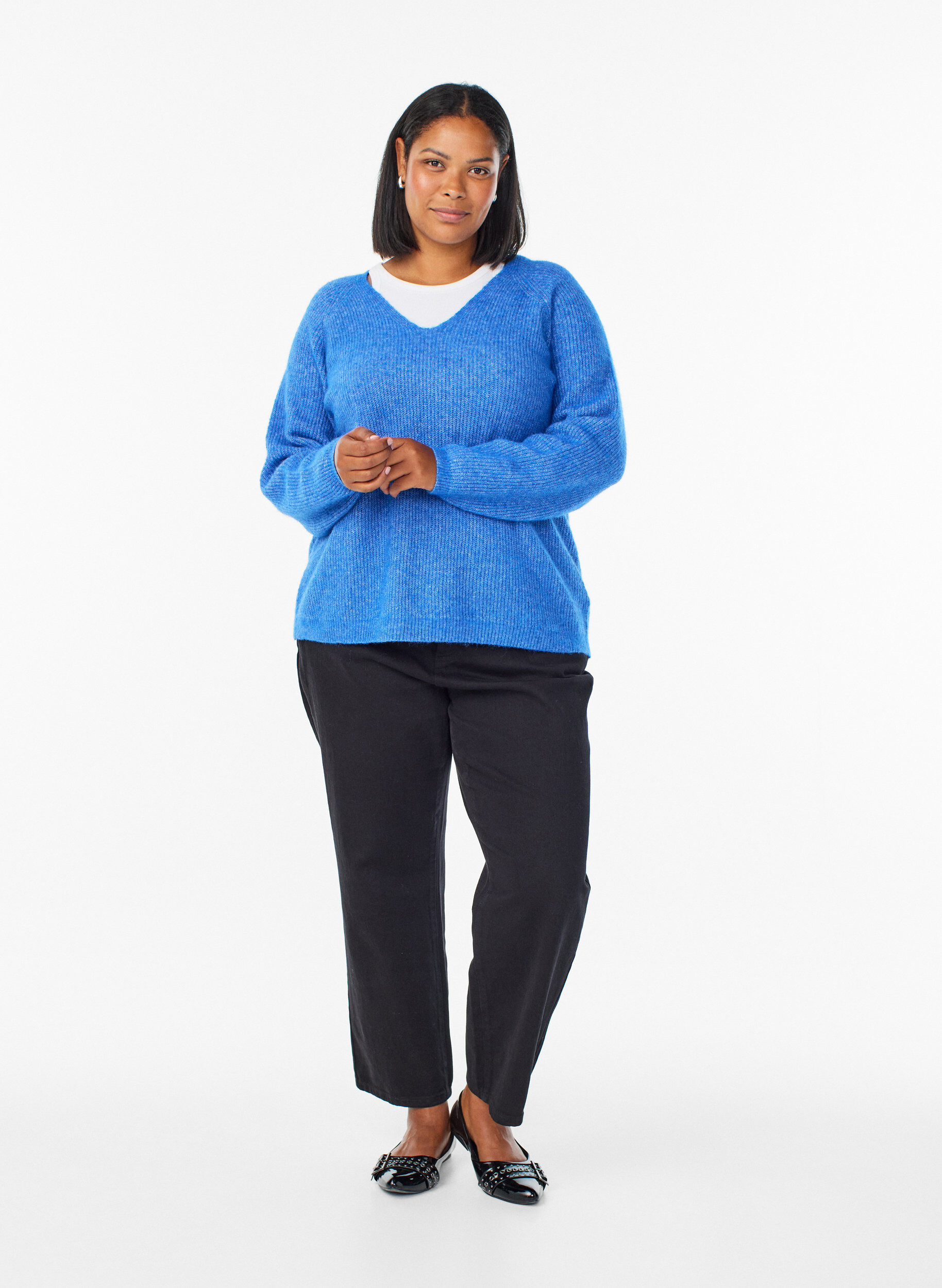 ZizzifashionKnitted blouse with V-neck and raglan sleeves, Blue, Model image number 1