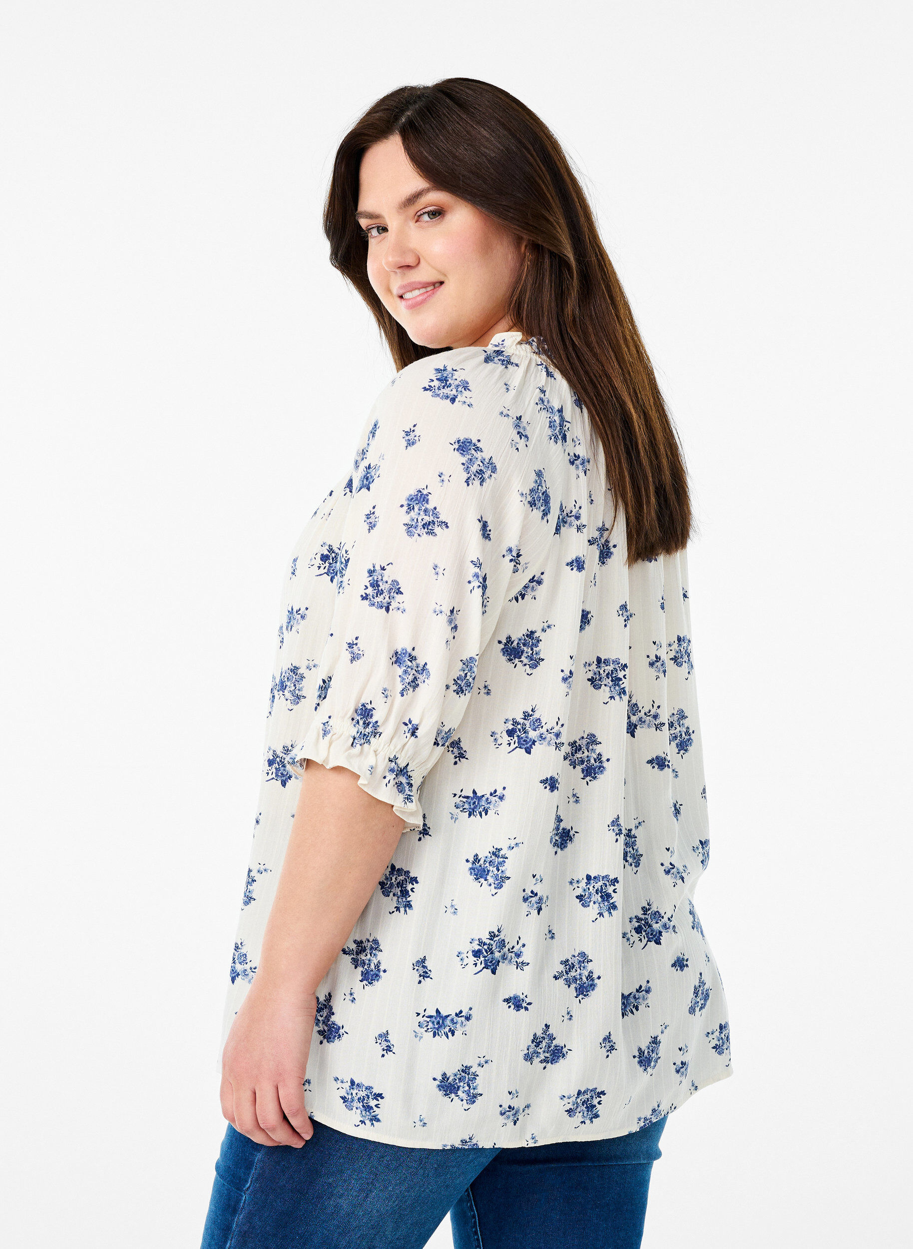 ZizzifashionFloral viscose blouse with half-length sleeves, White, Model image number 2