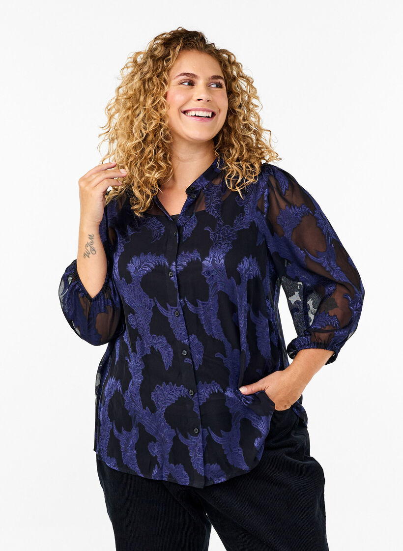 Chiffon blouse with jacquard pattern, Evening Blue, Model image number 0